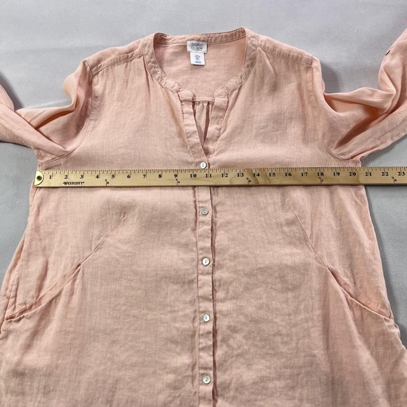 Sigrid Olsen Linen Top Women Large Peach Tunic Pockets Roll Tab Sleeve - Picture 9 of 12